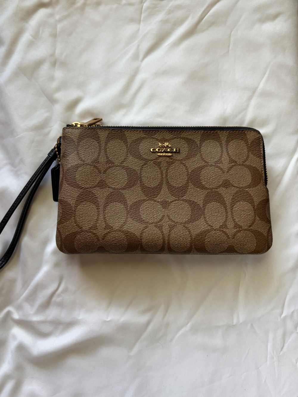 Coach Brown Signature Double Zip Wristlet Wallet